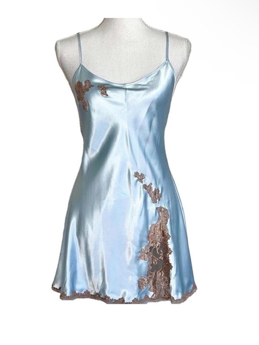 Y2K Victoria’s Secret Satin & Lace Mini Slip Dress Baby Blue & Brown Size Large